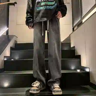 洋气先生 美式复古高街纯色水洗做旧磨白废土风宽松中腰松紧抽绳系带弹力直筒百搭阔腿无性别主义日常通勤运动休闲牛仔裤 男女同款