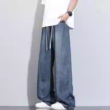 洋气先生 美式休闲潮流裁接线贯穿设计感显高显瘦显腿长系带抽绳宽松弹力柔软亲肤百搭废土风高级感日常出行垂感牛仔裤 男女同款