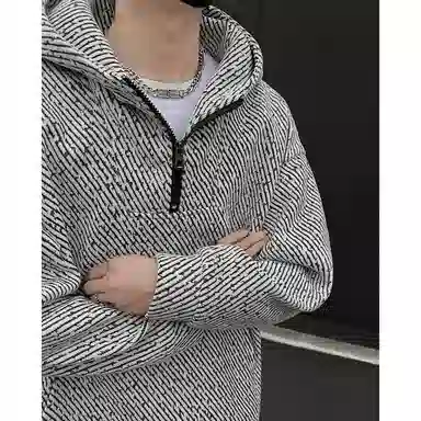 洋气先生 美式复古高街简约纯色半拉链设计时尚风粗花满印小香风学院风帅气宽松休闲百搭港风潮流户外潮牌落肩卫衣 男女同款