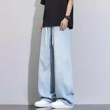 洋气先生 美式休闲潮流裁接线贯穿设计感显高显瘦显腿长系带抽绳宽松弹力柔软亲肤百搭废土风高级感日常出行垂感牛仔裤 男女同款