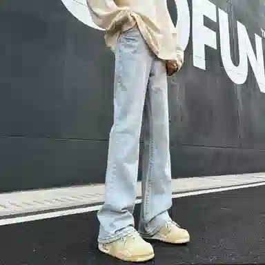 洋气先生 美式复古简约纯色微喇水洗做旧修身显瘦高街宽松阔腿垂感顺滑纽扣中腰基础款百搭学院风通勤运动日常穿搭牛仔裤 男女同款