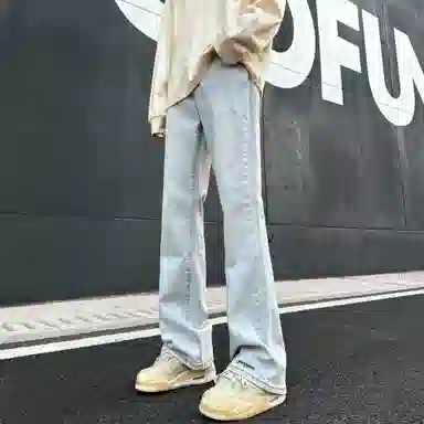 洋气先生 美式复古简约纯色微喇水洗做旧修身显瘦高街宽松阔腿垂感顺滑纽扣中腰基础款百搭学院风通勤运动日常穿搭牛仔裤 男女同款