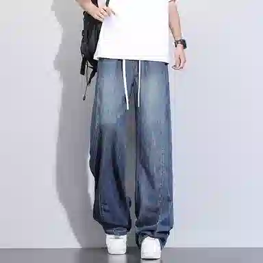 洋气先生 美式休闲潮流裁接线贯穿设计感显高显瘦显腿长系带抽绳宽松弹力柔软亲肤百搭废土风高级感日常出行垂感牛仔裤 男女同款