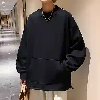 洋气先生 美式复古高街时尚潮流百搭学院风假两件日常通勤休闲简约纯色基础款潮牌透气舒适柔软慵懒氛围感圆领套头卫衣 男女同款