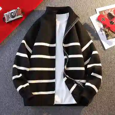 洋气先生 美式高街潮牌软糯舒适潮流慵懒感个性上衣卫衣无性别主义日常通勤开衫条纹撞色拼接外套立领长袖简约休闲时尚百搭针织衫 男女同款