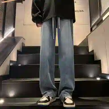 洋气先生 美式复古高街纯色水洗做旧磨白废土风宽松中腰松紧抽绳系带弹力直筒百搭阔腿无性别主义日常通勤运动休闲牛仔裤 男女同款