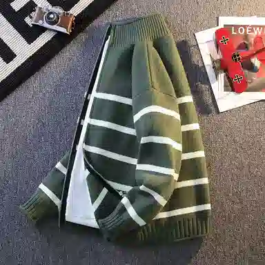 洋气先生 美式高街潮牌软糯舒适潮流慵懒感个性上衣卫衣无性别主义日常通勤开衫条纹撞色拼接外套立领长袖简约休闲时尚百搭针织衫 男女同款