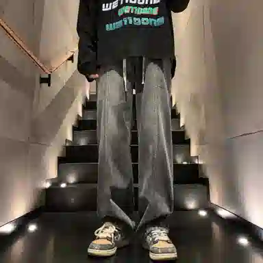 洋气先生 美式复古高街纯色水洗做旧磨白废土风宽松中腰松紧抽绳系带弹力直筒百搭阔腿无性别主义日常通勤运动休闲牛仔裤 男女同款