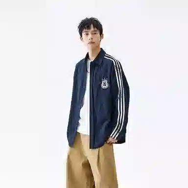 洋气先生 美式潮牌学院风胸图案刺绣三条杠条纹设计单排扣翻领长袖休闲宽松舒适耐磨有弹力日常通勤徒步简约百搭开衫上衣衬衫 男女同款