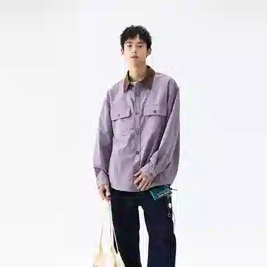 洋气先生 美式复古潮牌衣领撞色中性风设计无性别主义防泼水轻防污易去污日常通勤徒步休闲宽松百搭单排扣翻领长袖开衫上衣衬衫 男女同款