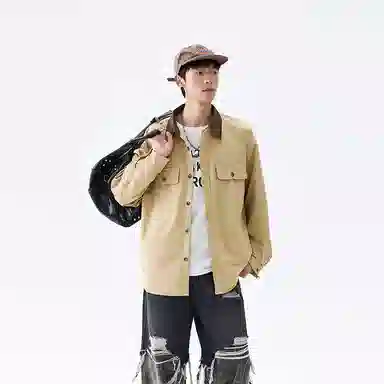 洋气先生 美式复古潮牌衣领撞色中性风设计无性别主义防泼水轻防污易去污日常通勤徒步休闲宽松百搭单排扣翻领长袖开衫上衣衬衫 男女同款