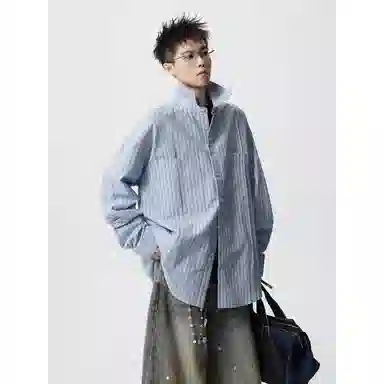 洋气先生 美式复古高街立体泡泡纱肌理蓝色条纹时尚潮流气质百搭小众高级感日常休闲宽松舒适慵懒氛围感开衫单排扣外套衬衫 男女同款