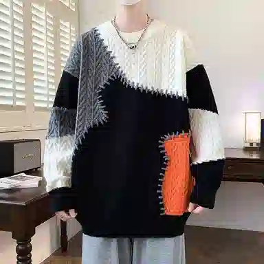 洋气先生 美式高街潮牌无性别主义不规则撞色拼接高级感设计潮流慵懒感卫衣日常通勤微阔圆领套头长袖简约休闲时尚百搭针织衫 男女同款