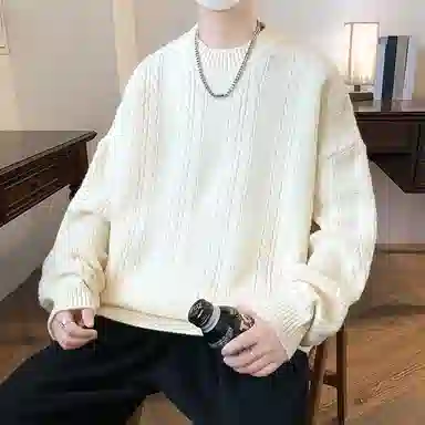 洋气先生 美式高街潮牌无性别主义纯色潮流慵懒感卫衣麻花纹理感日常外穿通勤户外微阔圆领套头长袖简约休闲时尚百搭针织衫 男女同款