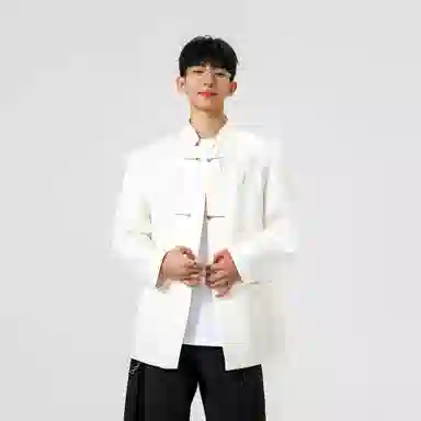 洋气先生 新中式简约纯色商务休闲时尚百搭小众高级感潮流帅气中山装国潮刺绣宽松落肩长袖金属搭扣轻奢无性别主义外套西装 男女同款