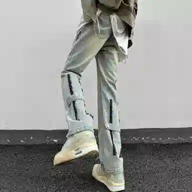 洋气先生 美式复古高街潮牌重水洗纯色拼接拉链装饰小众设计高级感中腰微喇弯刀百搭宽松痞帅潮酷嘻哈街头牛仔裤 男女同款