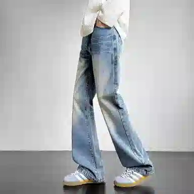 洋气先生 美式高街复古做旧水洗渐变磨白微喇百搭时尚纯色直筒闪电纹设计宽松舒适休闲中腰显高显瘦垂感拖地日常高级感穿搭牛仔裤 男女同款
