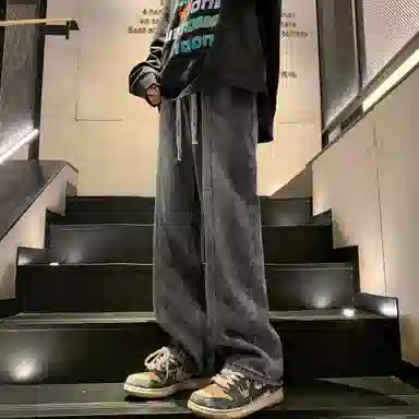 洋气先生 美式复古高街纯色水洗做旧磨白废土风宽松中腰松紧抽绳系带弹力直筒百搭阔腿无性别主义日常通勤运动休闲牛仔裤 男女同款