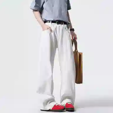 洋气先生 美式复古高街水洗做旧宽松阔腿拼接解构纯色百搭潮流基础款休闲透气弹力舒适纽扣拉链弯刀拖地日常通勤牛仔裤 男女同款