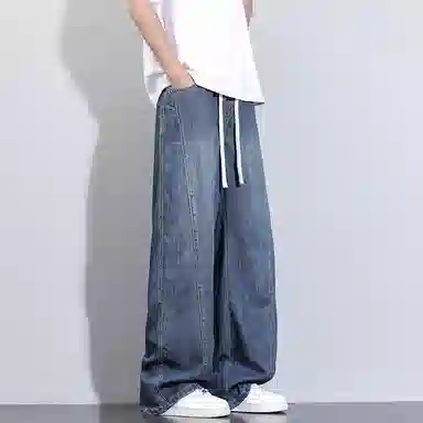 洋气先生 美式休闲潮流裁接线贯穿设计感显高显瘦显腿长系带抽绳宽松弹力柔软亲肤百搭废土风高级感日常出行垂感牛仔裤 男女同款