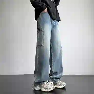 洋气先生 美式极简纯色基础款水洗做旧休闲舒适百搭潮牌复古简约高街大口袋时尚潮流个性创意舒爽阔腿日常通勤中腰宽松直筒牛仔裤 男女同款