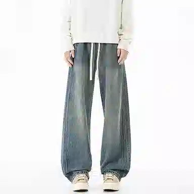 洋气先生 美式复古高街潮牌简约水洗做旧宽松磨白中腰系带直筒垂感百搭基础款显高显瘦吸柔软亲肤抗褶皱休闲拖地牛仔裤 男女同款