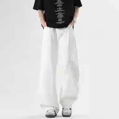 洋气先生 美式简约纯色复古弯刀拼接潮牌法式慵懒风百搭时尚潮流高街休闲棉质舒适宽松阔腿拖地日常通勤运动牛仔裤 男女同款