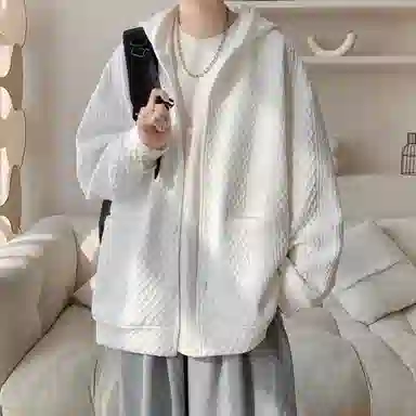 洋气先生 开衫纯色设计感麻花纹休闲宽松潮牌美式高街基础款重磅连帽外套运动日常通勤上衣百搭舒适学院风简约经典单排扣卫衣 男女同款