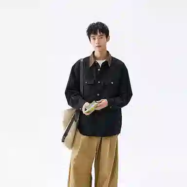 洋气先生 美式复古潮牌衣领撞色中性风设计无性别主义防泼水轻防污易去污日常通勤徒步休闲宽松百搭单排扣翻领长袖开衫上衣衬衫 男女同款