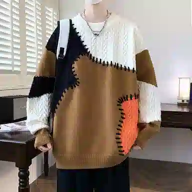 洋气先生 美式高街潮牌无性别主义不规则撞色拼接高级感设计潮流慵懒感卫衣日常通勤微阔圆领套头长袖简约休闲时尚百搭针织衫 男女同款