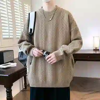 洋气先生 美式高街潮牌无性别主义纯色潮流慵懒感卫衣麻花纹理感日常外穿通勤户外微阔圆领套头长袖简约休闲时尚百搭针织衫 男女同款