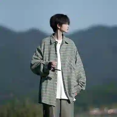 洋气先生 美式复古简约高级感时尚潮流气质百搭经典格纹文艺风日常休闲宽松舒适慵懒氛围感开衫单排扣翻领长袖外套衬衫 男女同款