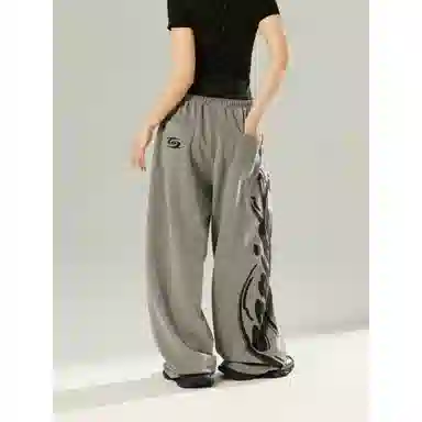 洋气先生 美式高街复古简约纯色字母印花小众设计感时尚潮流帅气百搭宽松阔腿垂感松紧中腰直筒显高显瘦慵懒氛围感休闲裤 男女同款