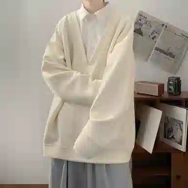 洋气先生 美式复古高街简约纯色潮流针织翻领拼接撞色单排扣落肩袖日常休闲舒适学院风假两件宽松百搭时尚无性别主义个性通勤卫衣 男女同款