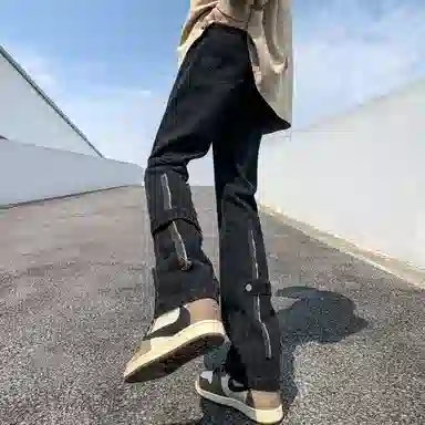 洋气先生 美式复古高街潮牌重水洗纯色拼接拉链装饰小众设计高级感中腰微喇弯刀百搭宽松痞帅潮酷嘻哈街头牛仔裤 男女同款