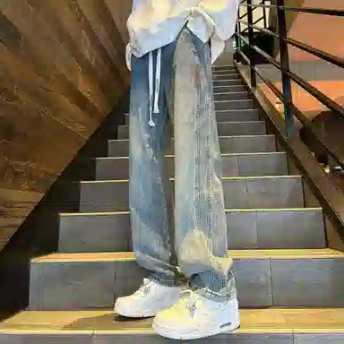 洋气先生 美式复古高街重工水洗做旧废土风阔腿直筒宽松垂感拖地抽绳系带松紧腰休闲百搭长款极简风基础款通勤牛仔裤 男女同款