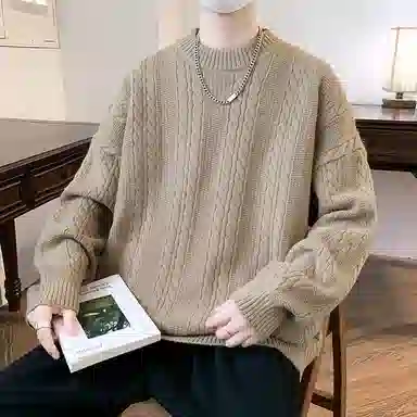 洋气先生 美式高街潮牌无性别主义纯色潮流慵懒感卫衣麻花纹理感日常外穿通勤户外微阔圆领套头长袖简约休闲时尚百搭针织衫 男女同款