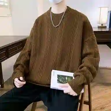 洋气先生 美式高街潮牌无性别主义纯色潮流慵懒感卫衣麻花纹理感日常外穿通勤户外微阔圆领套头长袖简约休闲时尚百搭针织衫 男女同款
