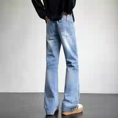 洋气先生 美式高街复古做旧水洗渐变磨白微喇百搭时尚纯色直筒闪电纹设计宽松舒适休闲中腰显高显瘦垂感拖地日常高级感穿搭牛仔裤 男女同款