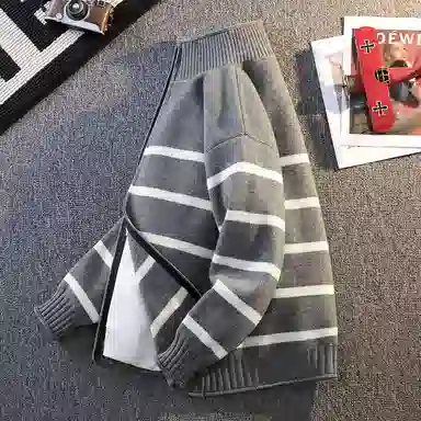 洋气先生 美式高街潮牌软糯舒适潮流慵懒感个性上衣卫衣无性别主义日常通勤开衫条纹撞色拼接外套立领长袖简约休闲时尚百搭针织衫 男女同款