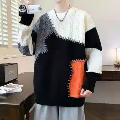 洋气先生 美式高街潮牌无性别主义不规则撞色拼接高级感设计潮流慵懒感卫衣日常通勤微阔圆领套头长袖简约休闲时尚百搭针织衫 男女同款