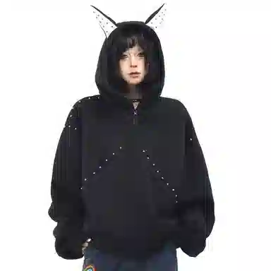 洋气先生 美式复古高街铆钉开衫连帽拼接设计通勤休闲皆可简约纯色基础款百搭潮牌宽松透气舒适柔软慵懒氛围感外套卫衣 男女同款