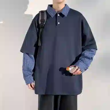 洋气先生 美式复古简约假两件拼接格纹设计感翻领宽松休闲日常百搭学院风长袖韩版高街潮牌时尚亨利领纯色文艺风户外卫衣 男女同款