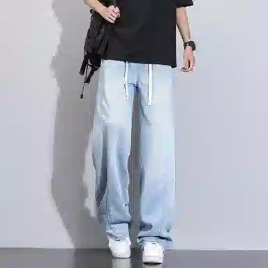 洋气先生 美式休闲潮流裁接线贯穿设计感显高显瘦显腿长系带抽绳宽松弹力柔软亲肤百搭废土风高级感日常出行垂感牛仔裤 男女同款