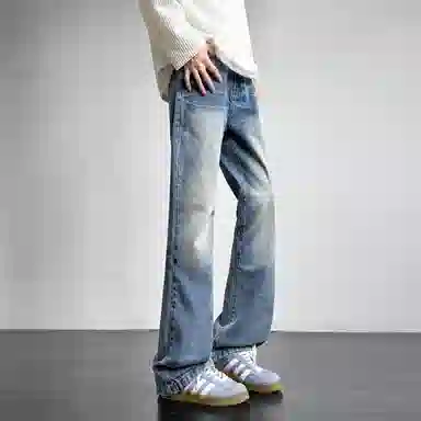洋气先生 美式高街复古做旧水洗渐变磨白微喇百搭时尚纯色直筒闪电纹设计宽松舒适休闲中腰显高显瘦垂感拖地日常高级感穿搭牛仔裤 男女同款
