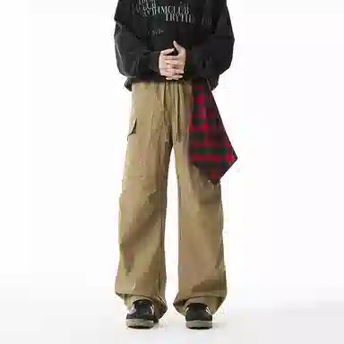 洋气先生 美式潮牌高街简约长裤子撞色拼接小众设计阔腿直筒无性别主义日常通勤户外显瘦基础款丝巾挂件潮流时尚百搭休闲裤 男女同款