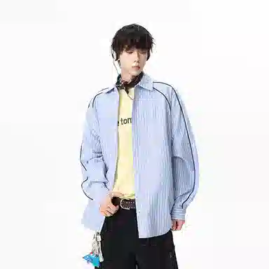 洋气先生 洋气潮牌美式复古纯色简约条纹翻领设计无性别主义学院慵懒风长袖日常通勤舒适休闲宽松百搭落肩单排扣开衫上衣衬衫 男女同款