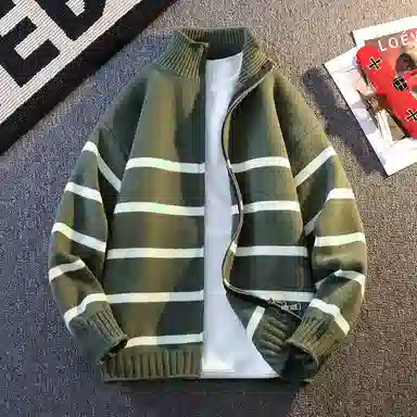 洋气先生 美式高街潮牌软糯舒适潮流慵懒感个性上衣卫衣无性别主义日常通勤开衫条纹撞色拼接外套立领长袖简约休闲时尚百搭针织衫 男女同款