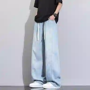 洋气先生 美式休闲潮流裁接线贯穿设计感显高显瘦显腿长系带抽绳宽松弹力柔软亲肤百搭废土风高级感日常出行垂感牛仔裤 男女同款
