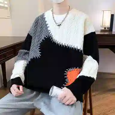 洋气先生 美式高街潮牌无性别主义不规则撞色拼接高级感设计潮流慵懒感卫衣日常通勤微阔圆领套头长袖简约休闲时尚百搭针织衫 男女同款